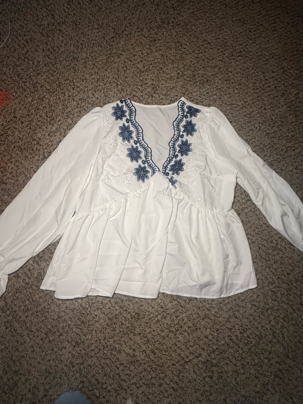 White Embroidered Peasant Top with Blue Floral Trim